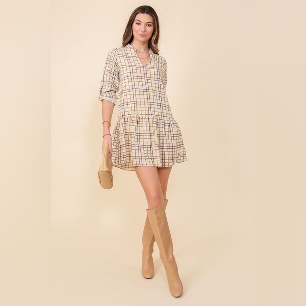 Three Quarter Roll Up Sleeve Plaid Mini Dress